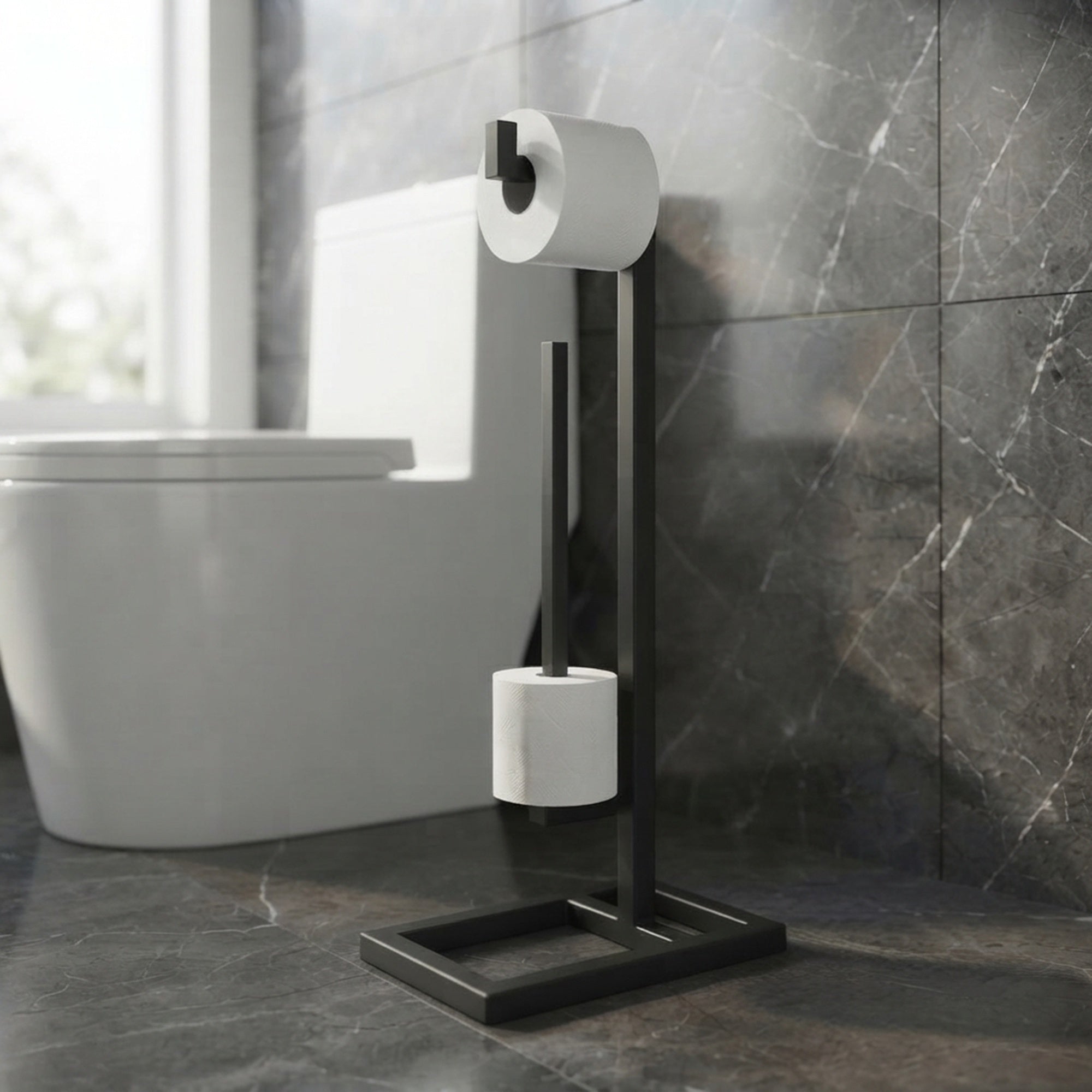 Lineer Metal Ayaklı Tuvalet Kağıtlığı ve Yedek Rulo Tutucu